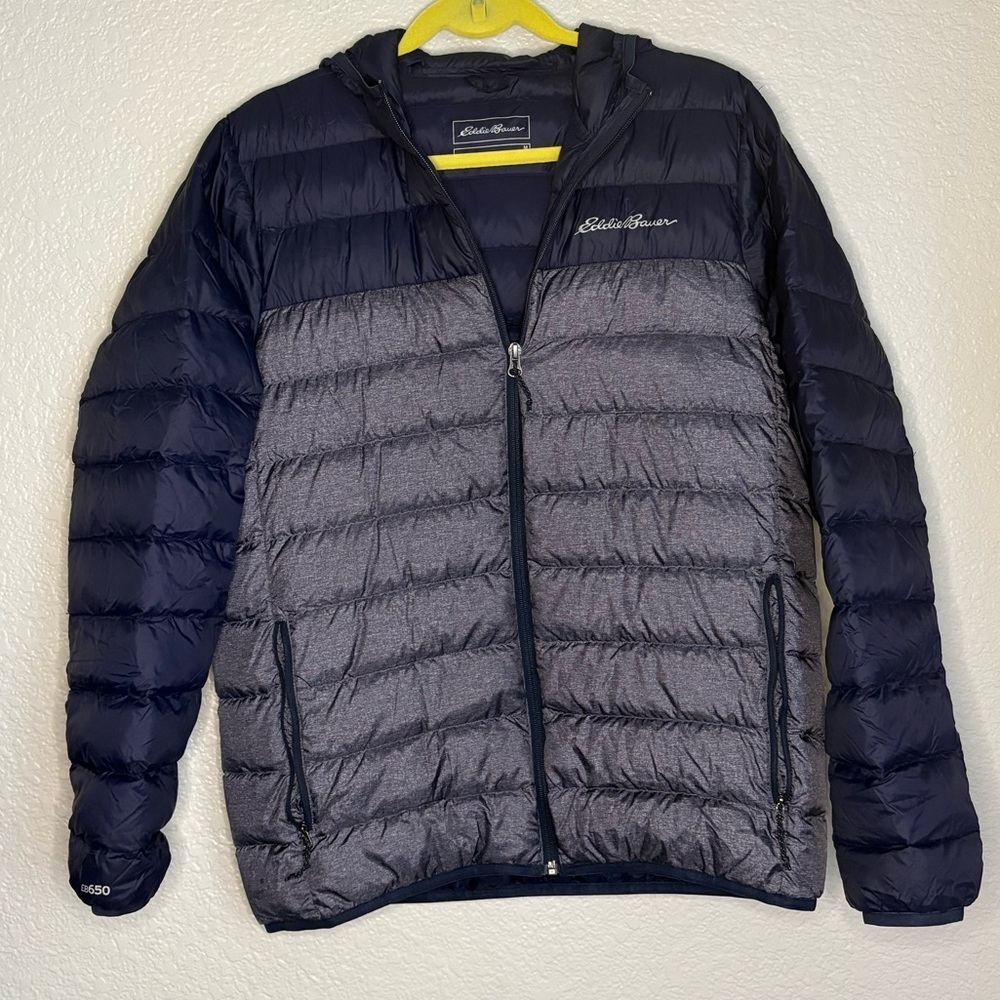 Eddie Bauer Cirruslite Down Hooded Jacket EB650 Atlantic Navy Gray Lightweight